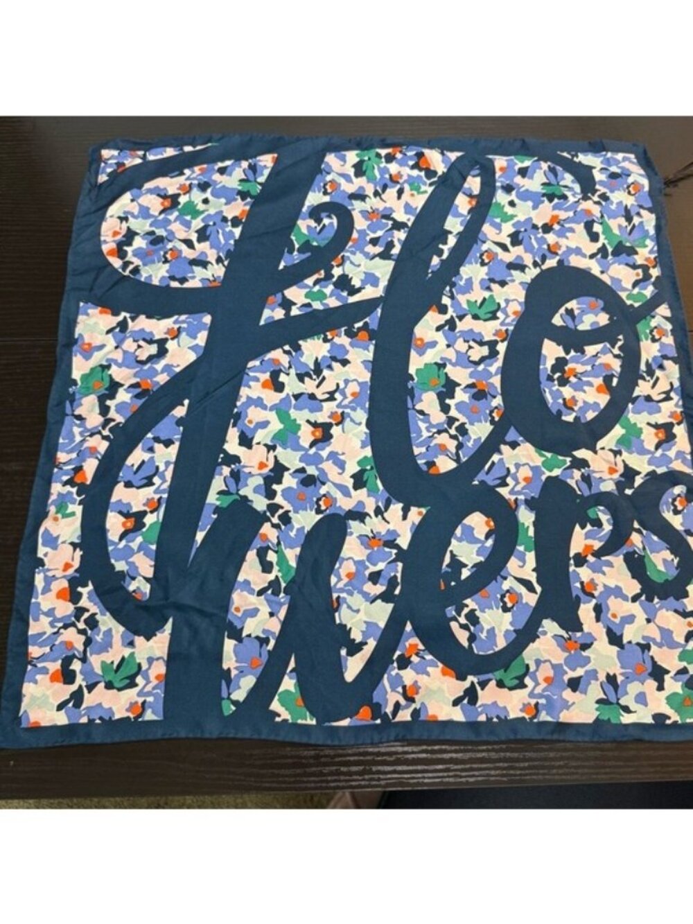 Galeries Lafayette 100% Silk Square Scarf Floral Script Logo Blue Paris NWT